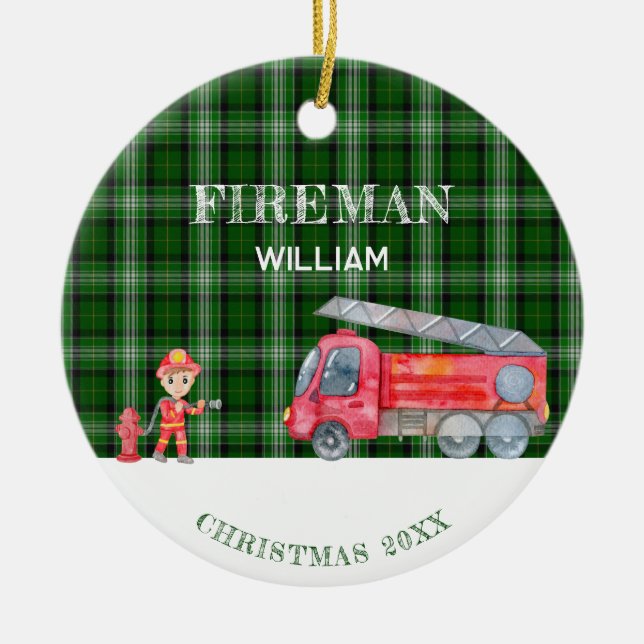 Custom Photo Keepsake Fireman Christmas Firetruck Ceramic Ornament (Front)