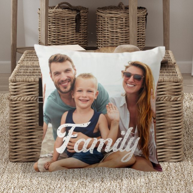 Custom Photo Keepsake with Family Text Overlay Throw Pillow (Creator Uploaded)