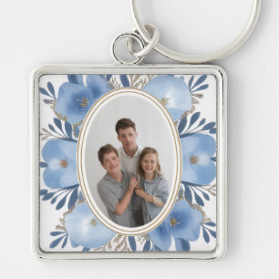 “Custom Photo Keychain – Blue Floral Personalized