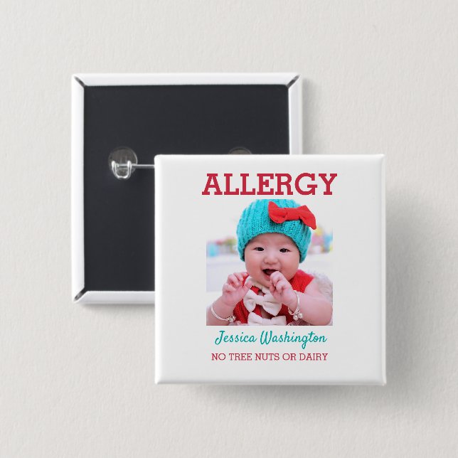 Custom Photo Kids Allergy Alert ICOE Warning 2 Inch Square Button (Front & Back)