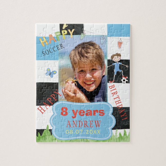 Custom photo kids soccer birthday funny colorful jigsaw puzzle (Vertical)