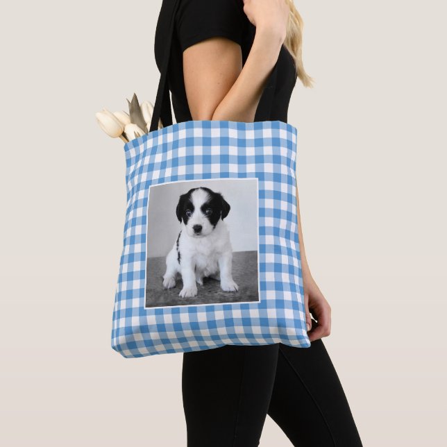 Custom Photo Light Blue White Gingham Check Tote Bag (Close Up)