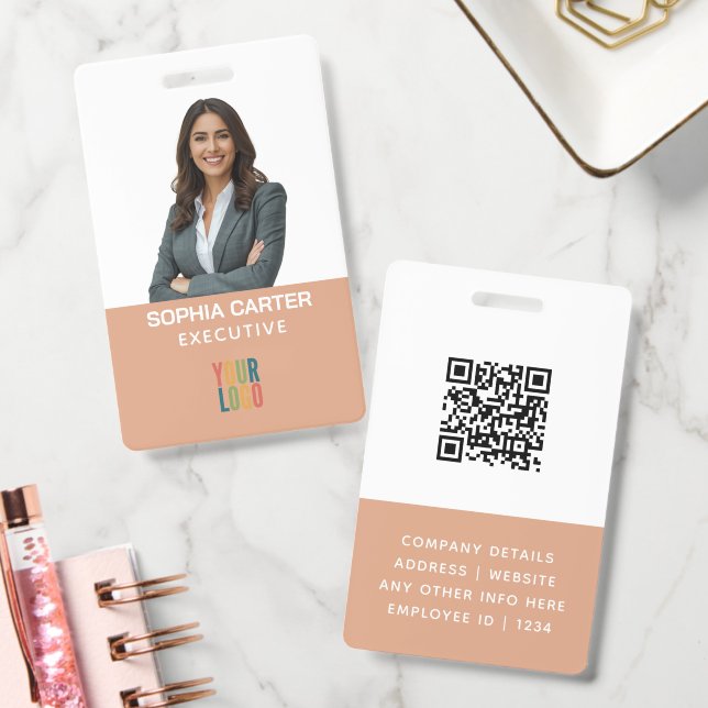 Custom Photo Logo QR Code Employee Brown ID Badge (Office)