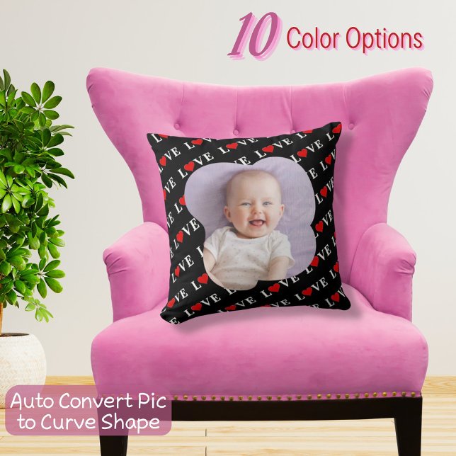 Custom Photo LOVE and Heart Modern Elegant Black Throw Pillow (Creator Uploaded)
