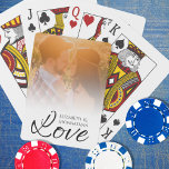 Custom Photo Love Black Script Couple Names White  Playing Cards<br><div class="desc">Celebrate Love with Our Simple Photo Love Black Script Couple Names White Poker Cards! These elegant poker cards feature a beautiful Love Script Typography at the bottom, where you can personalize the couple's names in simple white text. Above the Love Script, add a cherished photo of the couple, making these...</div>