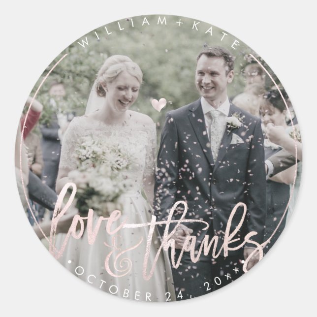 Custom Photo Love+Thanks,  Modern Script Blush Classic Round Sticker (Front)