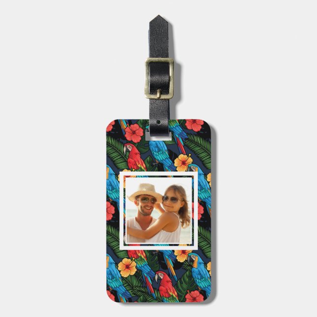 Custom Photo Macaw And Hibiscus Pattern Luggage Tag (Front Vertical)