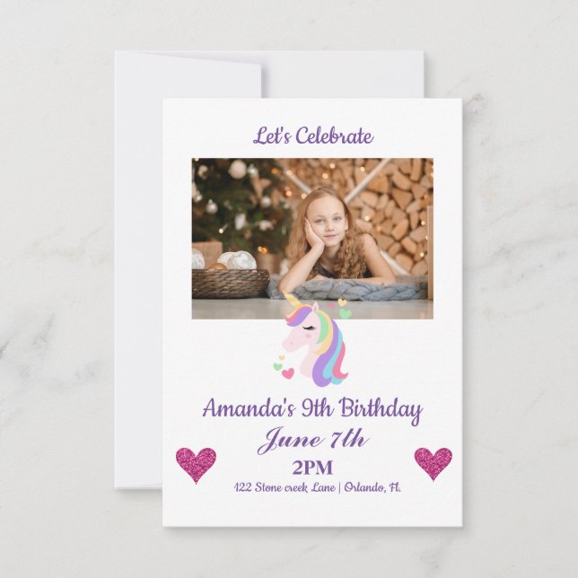 Custom Photo Magical Unicorn & Hearts Birthday Invitation (Front)
