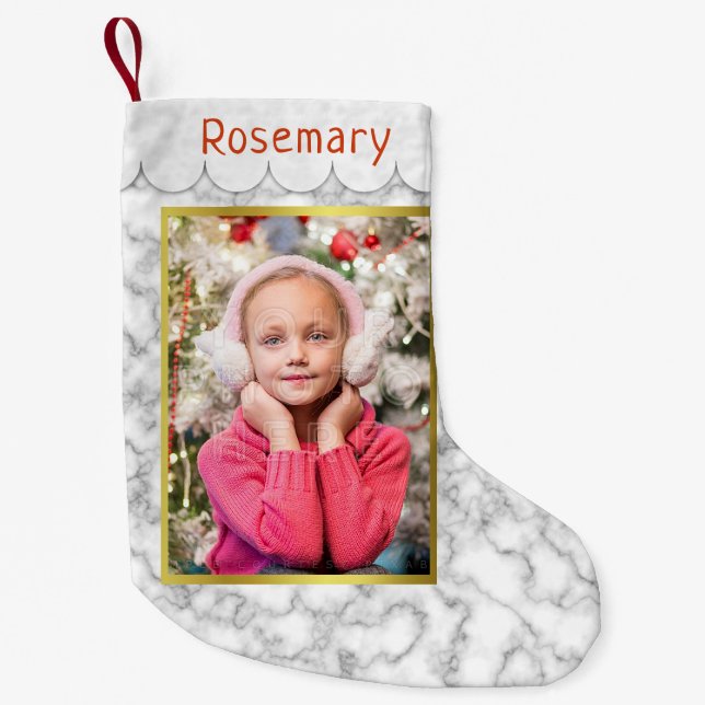 Custom Photo | Marble and Gold with Easy Template Small Christmas Stocking (Front)