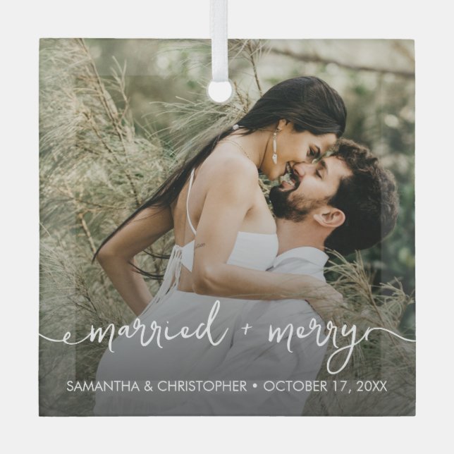 Custom Photo Married & Merry First Christmas Glass Ornament (Front)