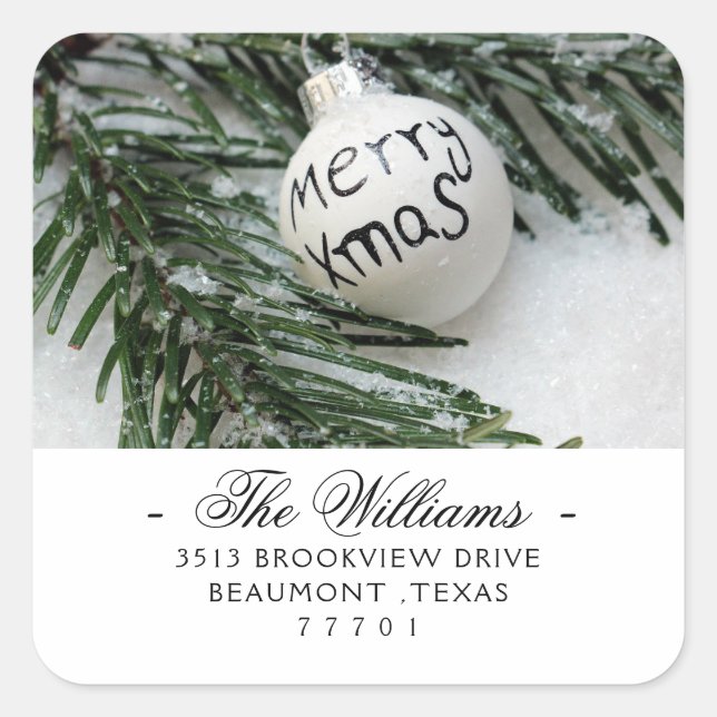 Custom Photo Merry Christmas Bauble Address Square Sticker (Front)