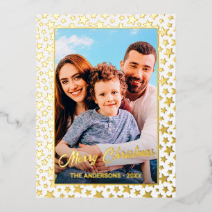 Custom photo Merry Christmas elegant script stars Foil Holiday Postcard