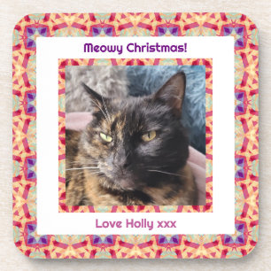 Custom Photo Merry Christmas Jolly Pet Cat Kitten Coaster