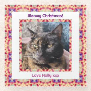Custom Photo Merry Christmas Jolly Pet Cat Kitten Glass Coaster