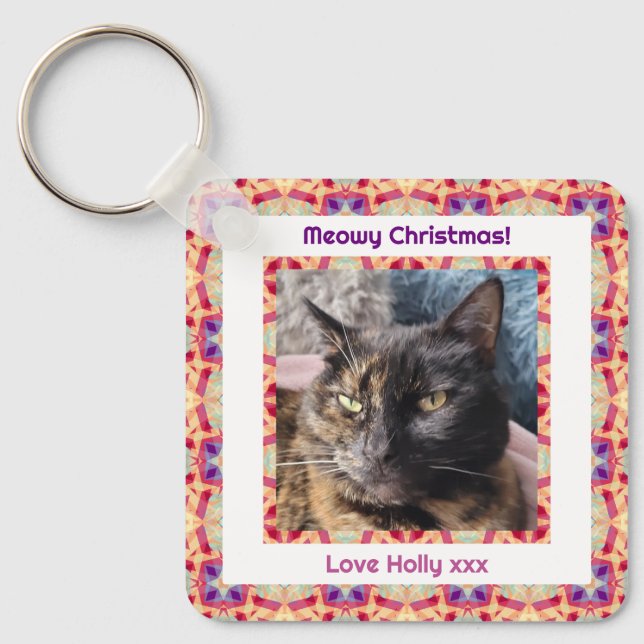 Custom Photo Merry Christmas Jolly Pet Cat Kitten Keychain (Front)