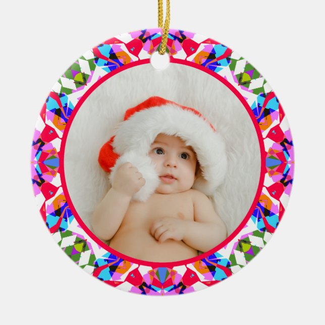 Custom Photo Merry Christmas Modern Colorful Ceramic Ornament (Front)