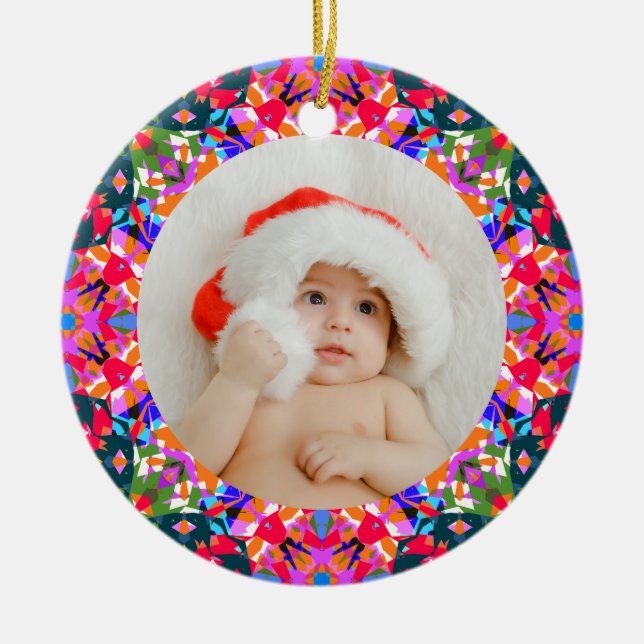 Custom Photo Merry Christmas Modern Colorful Ceramic Ornament (Front)