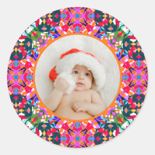 Custom Photo Merry Christmas Modern Colorful Classic Round Sticker