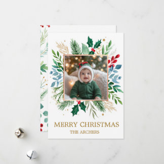Custom Photo Merry Christmas Watercolor Botanical Holiday Card