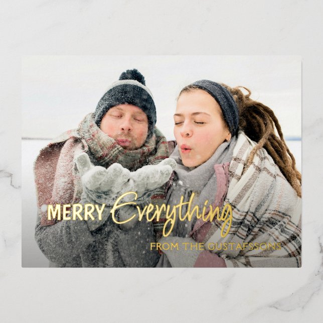 Custom Photo Merry Everything Humour Text Gold Foil Holiday Postcard (Front)