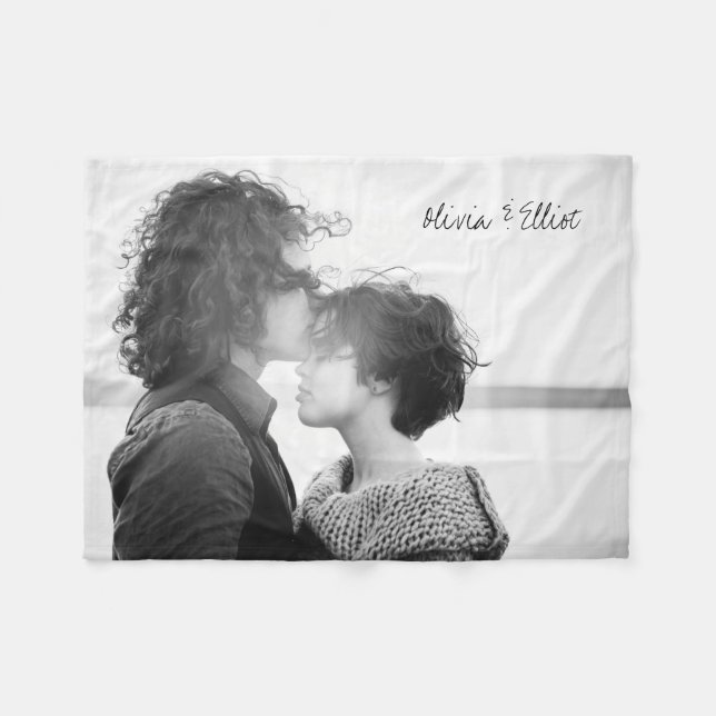 Custom Photo Minimalist Calligraphy Name Keepsake Fleece Blanket (Front (Horizontal))
