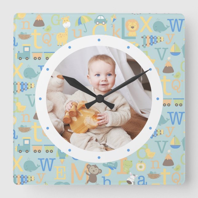 Custom Photo Modern Baby Boy Personalized Nursery Square Wall Clock (Front)