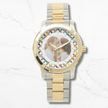 Custom Photo Modern Colourful Personalized Watch<br><div class="desc">Custom Photo Modern Colourful Personalized Watch features a colourful modern geometric pattern with your favourite photo in the centre. PHOTO TIP: centre your photo prior to uploading to Zazzle. Designed by Evco Studio www.zazzle.com/store/evcostudio</div>