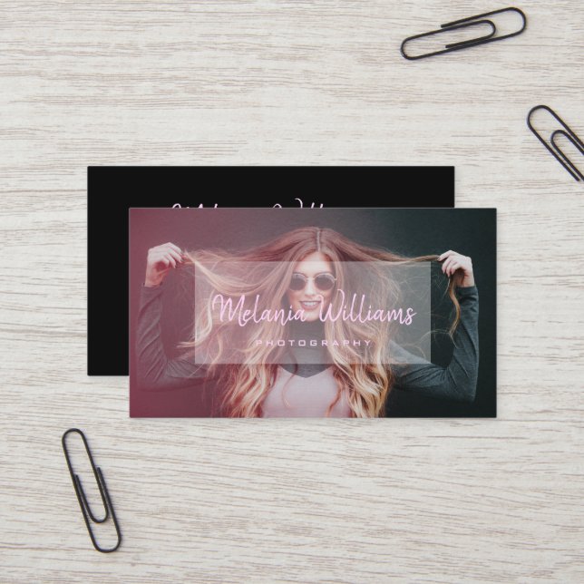 Custom Photo Modern Handwritten Script Black Busin Business Card (Front/Back In Situ)