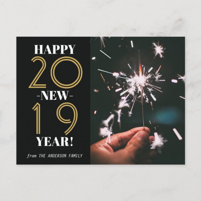 Custom Photo Modern Happy New Year 2019 Black Gold Postcard (Front)