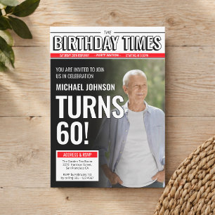 Custom Photo Modern Newspaper Cover 60th Birthday  Invitation