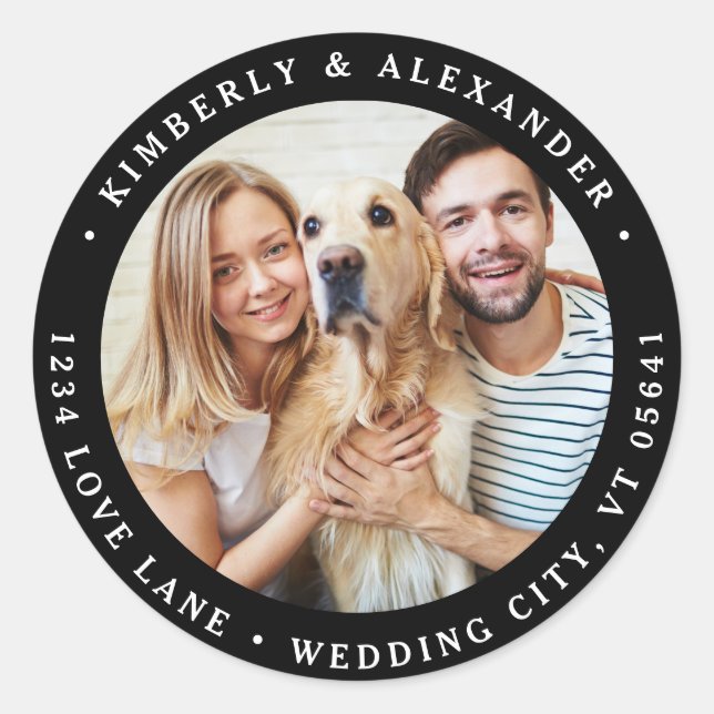  Custom Photo Modern Wedding Return Address  Classic Round Sticker (Front)