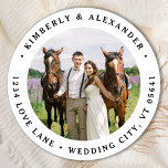 Custom Photo Modern Wedding Return Address Classic Round Sticker<br><div class="desc">Add the finishing touch to your wedding invitations with these custom photo, and personalized address labels. Customize with your favourite photo, names, and address. These simple address labels can be used for any and all occasions. COPYRIGHT © 2020 Judy Burrows, Black Dog Art - All Rights Reserved. Custom Photo Modern...</div>