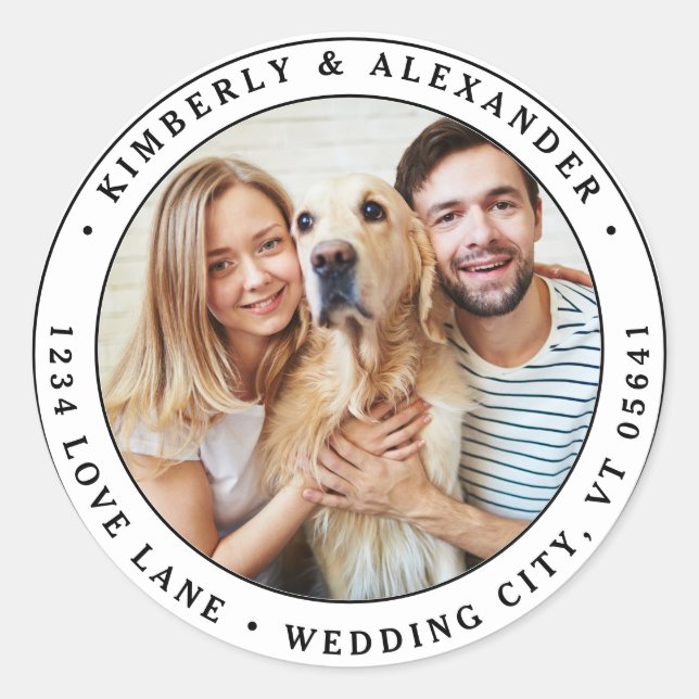  Custom Photo Modern Wedding Return Address  Classic Round Sticker (Front)