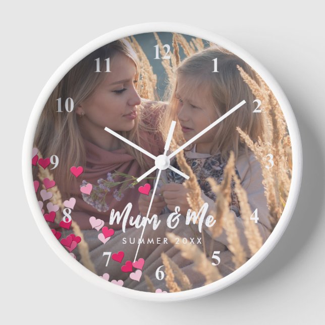 Custom Photo Modern Writing Scattered Pink Hearts Clock (Front)