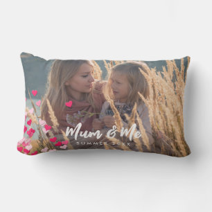 Custom Photo Modern Writing Scattered Pink Hearts Lumbar Pillow