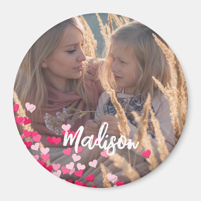 Custom Photo Modern Writing Scattered Pink Hearts Magnet (Front)