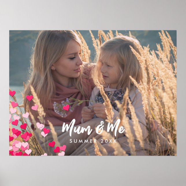 Custom Photo Modern Writing Scattered Pink Hearts Poster (Front)