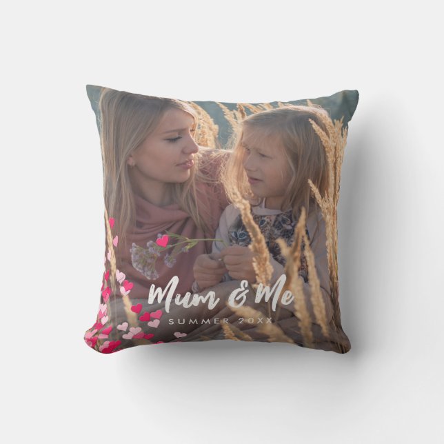 Custom Photo Modern Writing Scattered Pink Hearts Throw Pillow (Front)