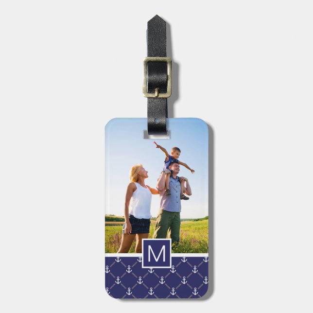 Custom Photo & Monogram Anchor pattern Luggage Tag (Front Vertical)