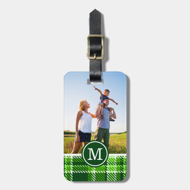 Custom Photo & Monogram Chequered Green Pattern Luggage Tag (Front Vertical)