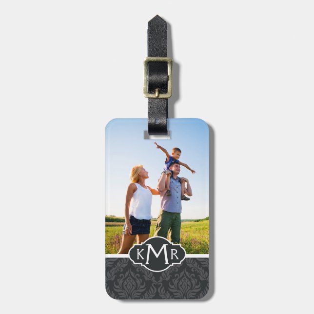 Custom Photo & Monogram Damask Pattern 6 Luggage Tag (Front Vertical)