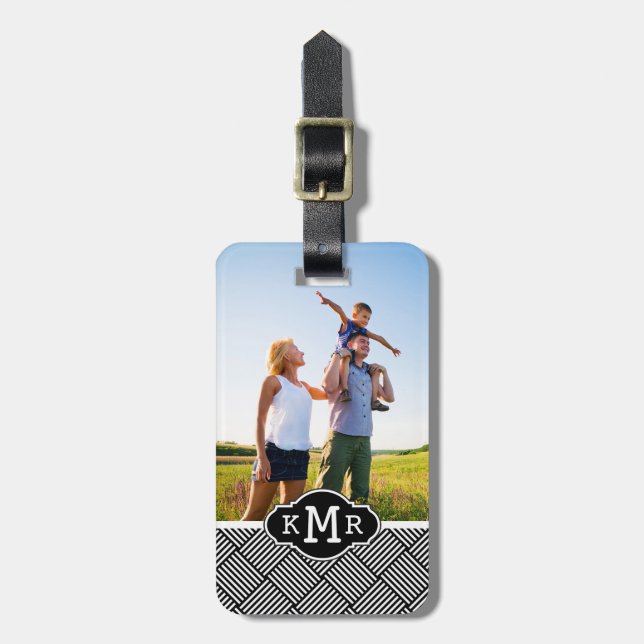 Custom Photo & Monogram Geometric checked texture Luggage Tag (Front Vertical)
