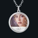 Custom photo monogram name modern elegant silver plated necklace<br><div class="desc">Personalize and add your own photo of yourself, best friend, mother, sister, grandmoter. A white frame with black text. Personalize and add a name and monogram letter. The name is written with a modern style hand lettered style script with swashes. To keep the swashes only delete the sample name, leave...</div>