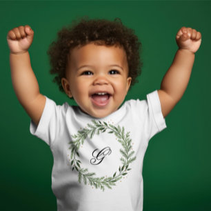 Custom Photo Monogram Pine Wreath Christmas Baby T-Shirt