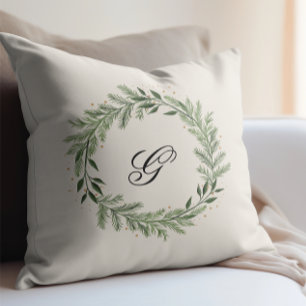 Custom Photo Monogram Pine Wreath Christmas gift Throw Pillow