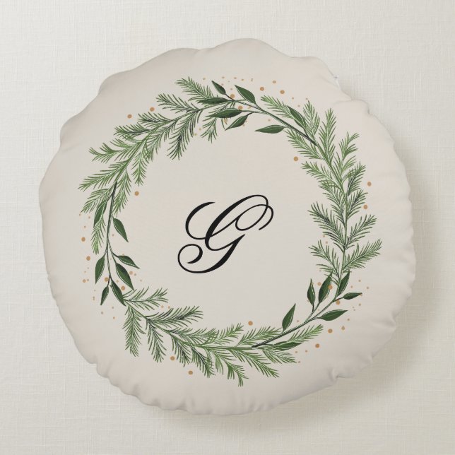 Custom Photo Monogram Pine Wreath Christmas Home Round Pillow (Back)