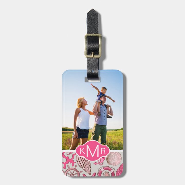 Custom Photo & Monogram Pink Sea Pattern Luggage Tag (Front Vertical)