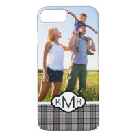 Custom Photo & Monogram Pixel Plaid in Grey & Red
