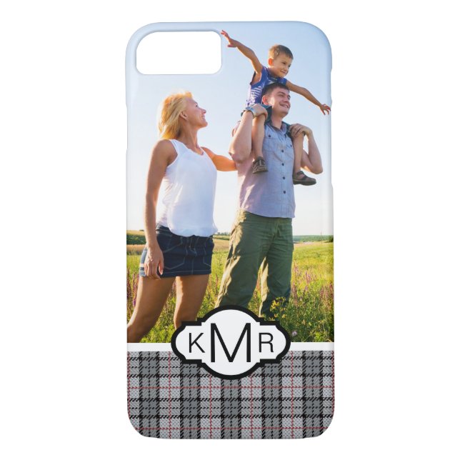 Custom Photo & Monogram Pixel Plaid in Grey & Red Case-Mate iPhone Case (Back)