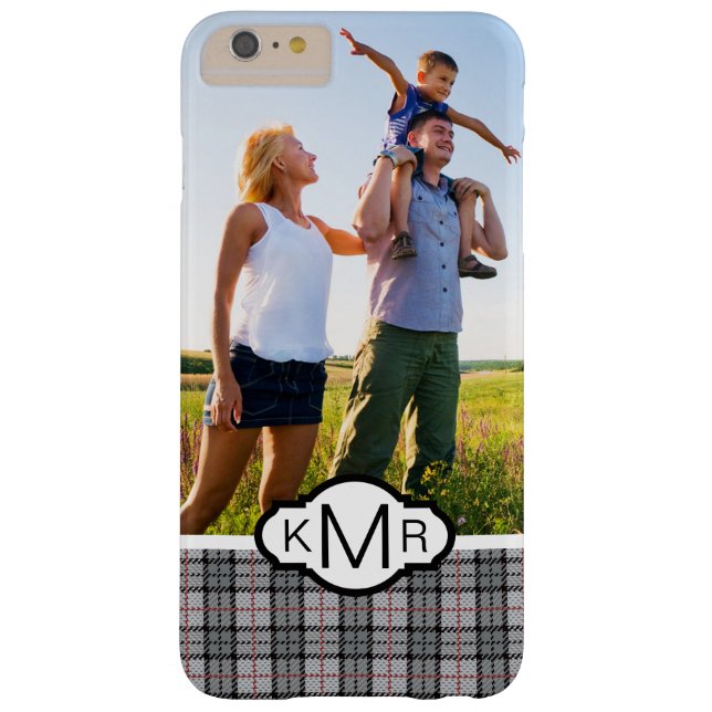 Custom Photo & Monogram Pixel Plaid in Grey & Red Case-Mate iPhone Case (Back)